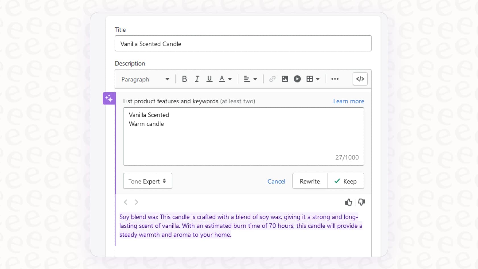 An example of Shopify Sidekick Conversational Prompting being used to write a product description.