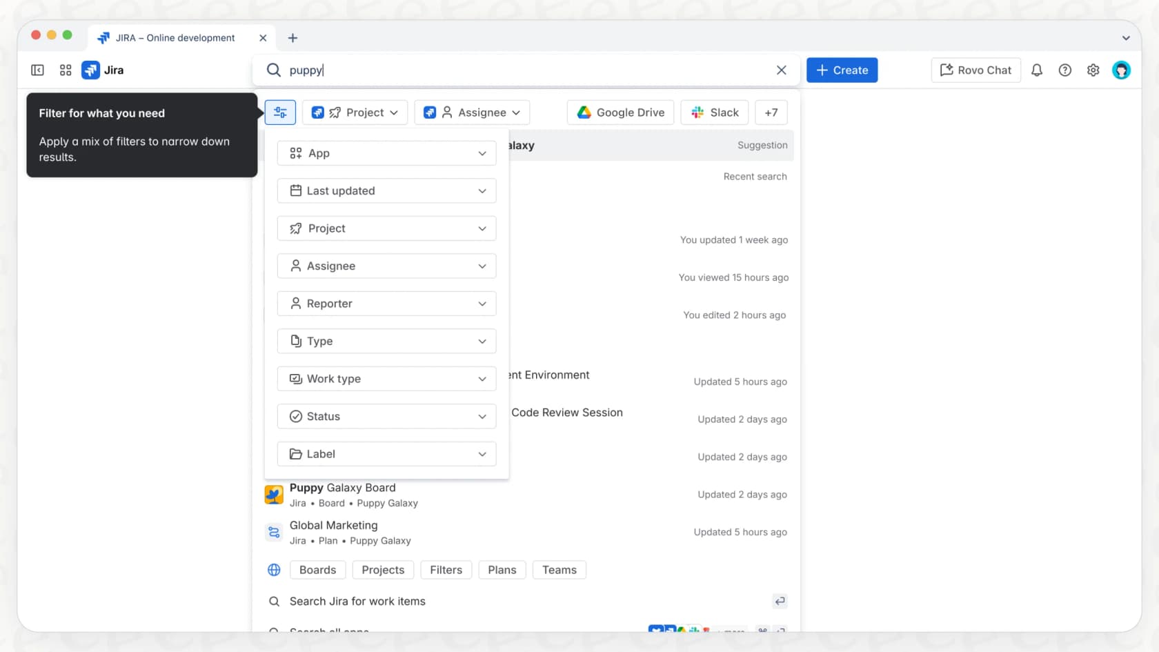 A clear view of the Rovo Search Filters panel in the Atlassian Rovo interface.