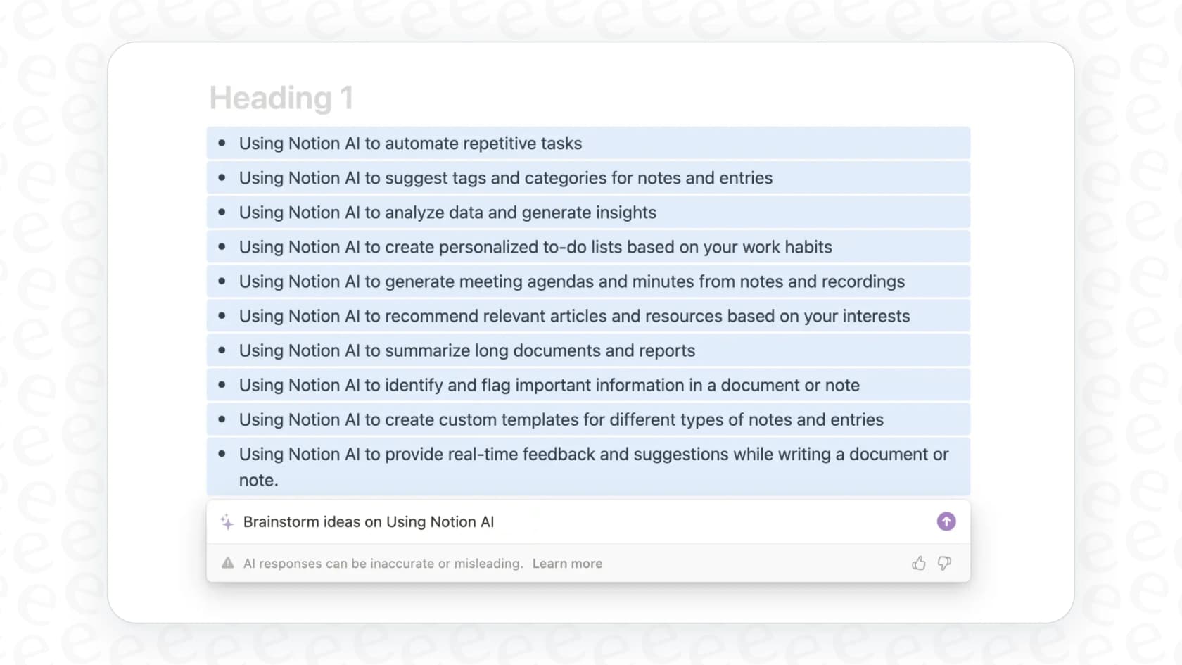 Screenshot of the "Brainstorm ideas" feature in Notion, a key tool for Notion AI brainstorming.