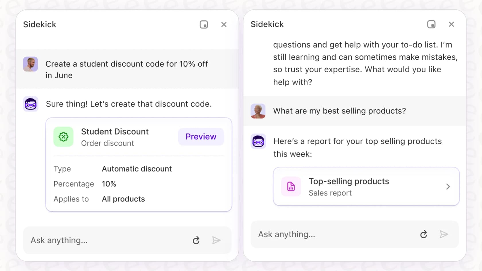 A screenshot demonstrating the Shopify Sidekick Conversational Prompting feature for business and report analysis.