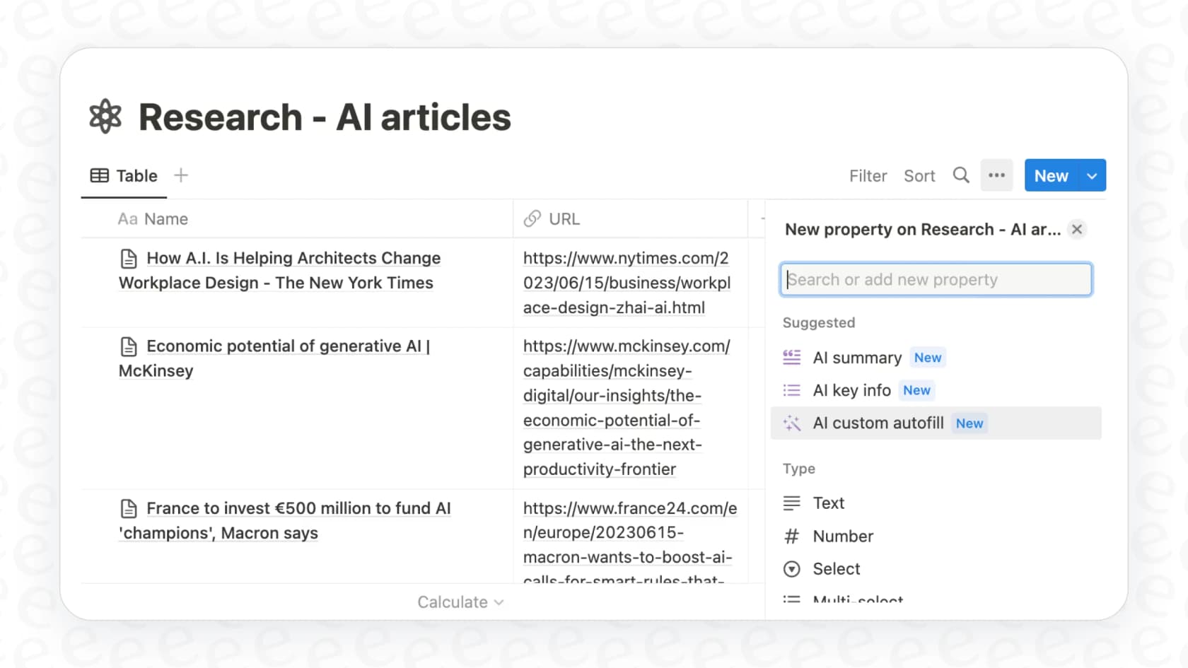 A user adding a new property to a database to use the Notion AI Autofill feature.