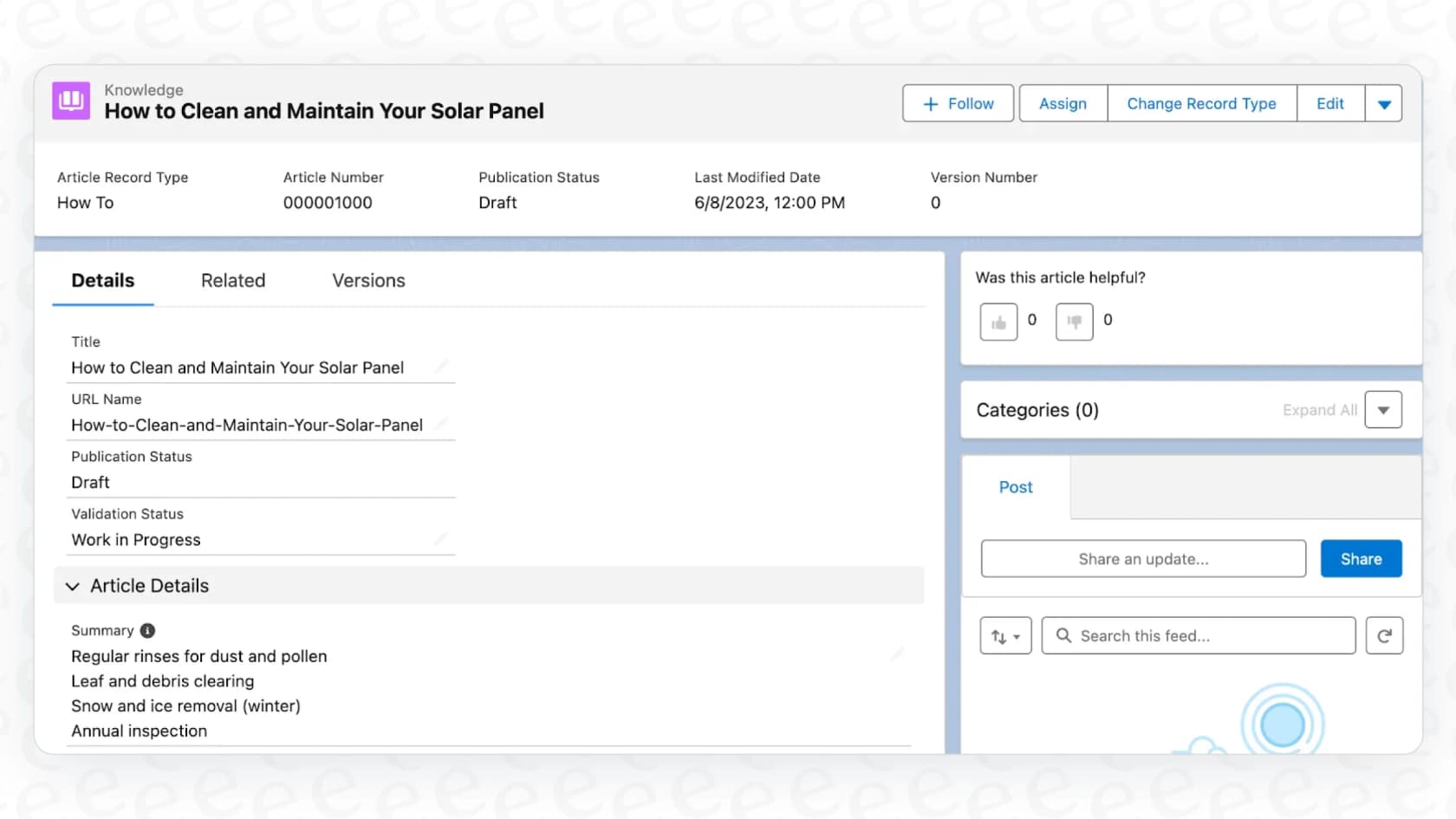 A screenshot of an article draft generated by Salesforce AI Knowledge Creation, with the problem, cause, and solution sections filled out automatically.