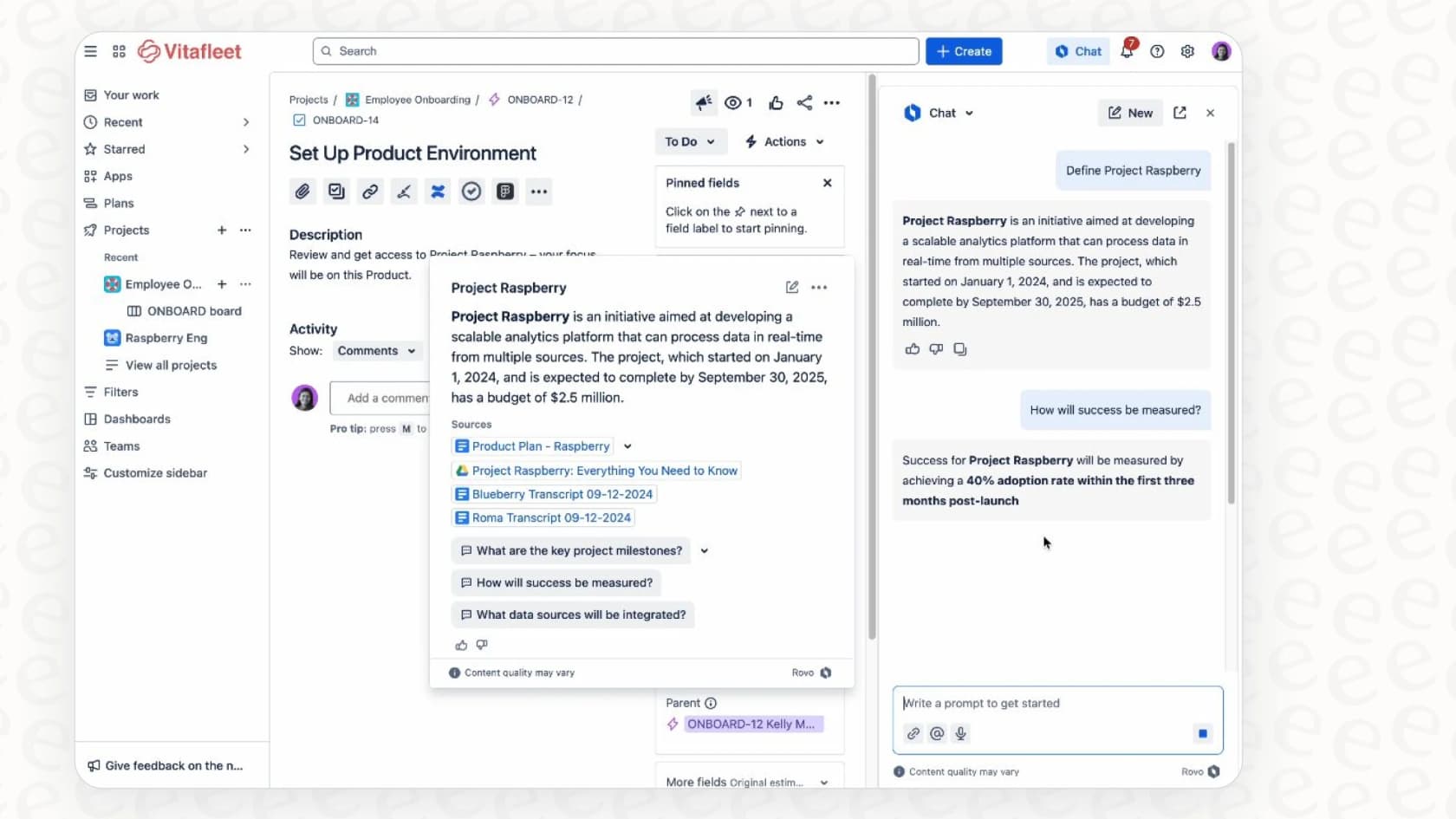A view of the Rovo Chat window demonstrating how to use Rovo Chat Actions / Plugins.