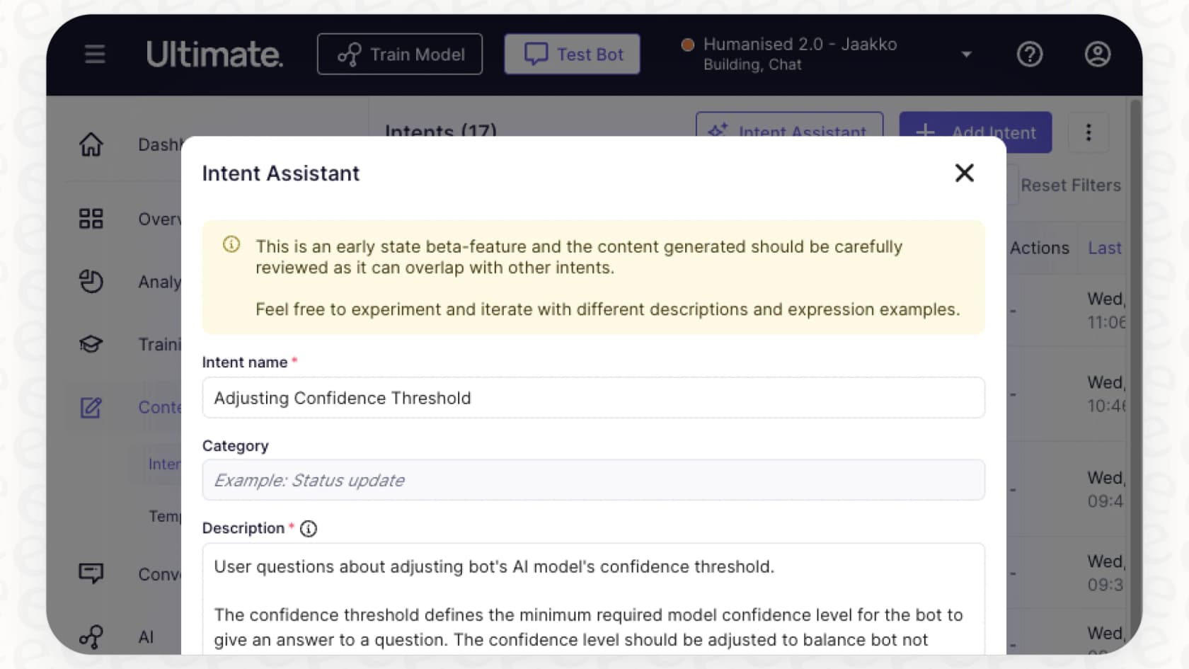 The interface for adding training phrases to trigger a flow in the Zendesk bot builder.