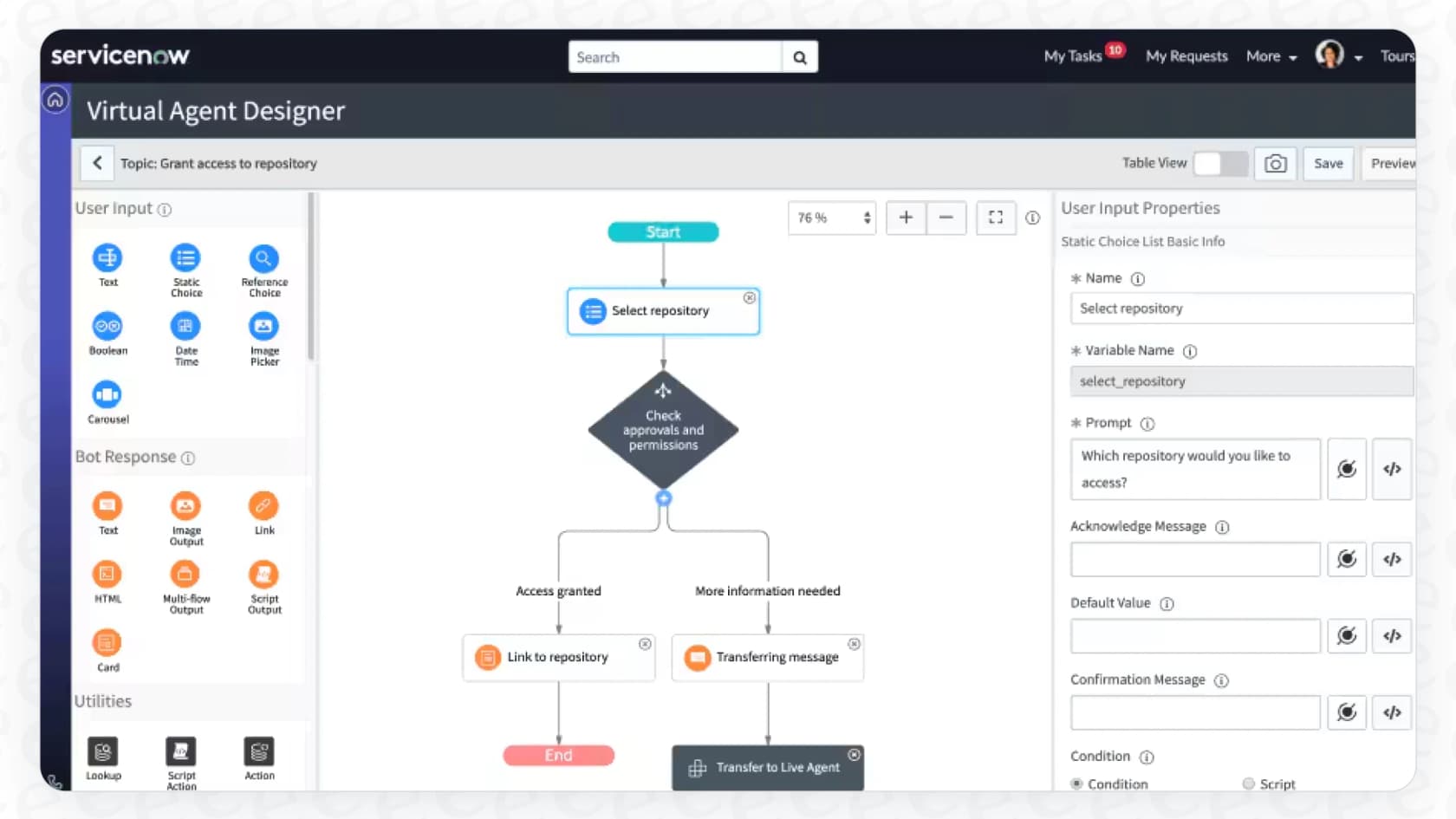A screenshot showing the low-code, drag-and-drop Virtual Agent Designer for building and editing conversation topics, a key part of the ServiceNow chatbot configuration.