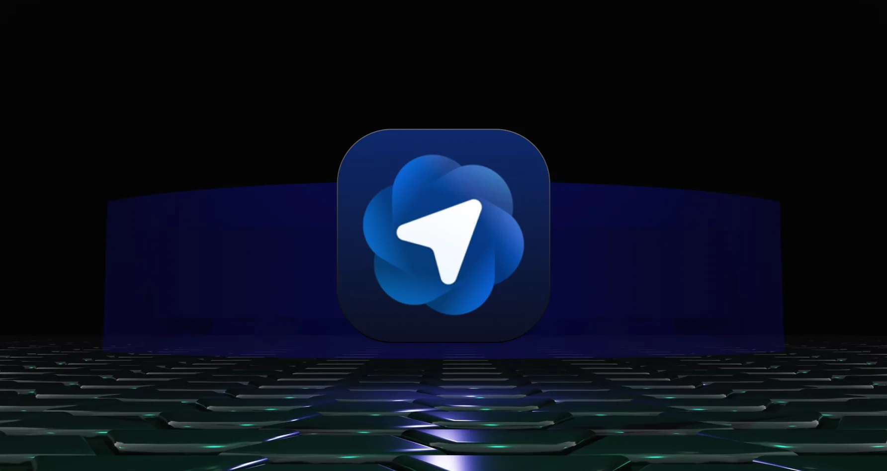A blue browser icon with a white arrow above a dark reflective tiled surface.