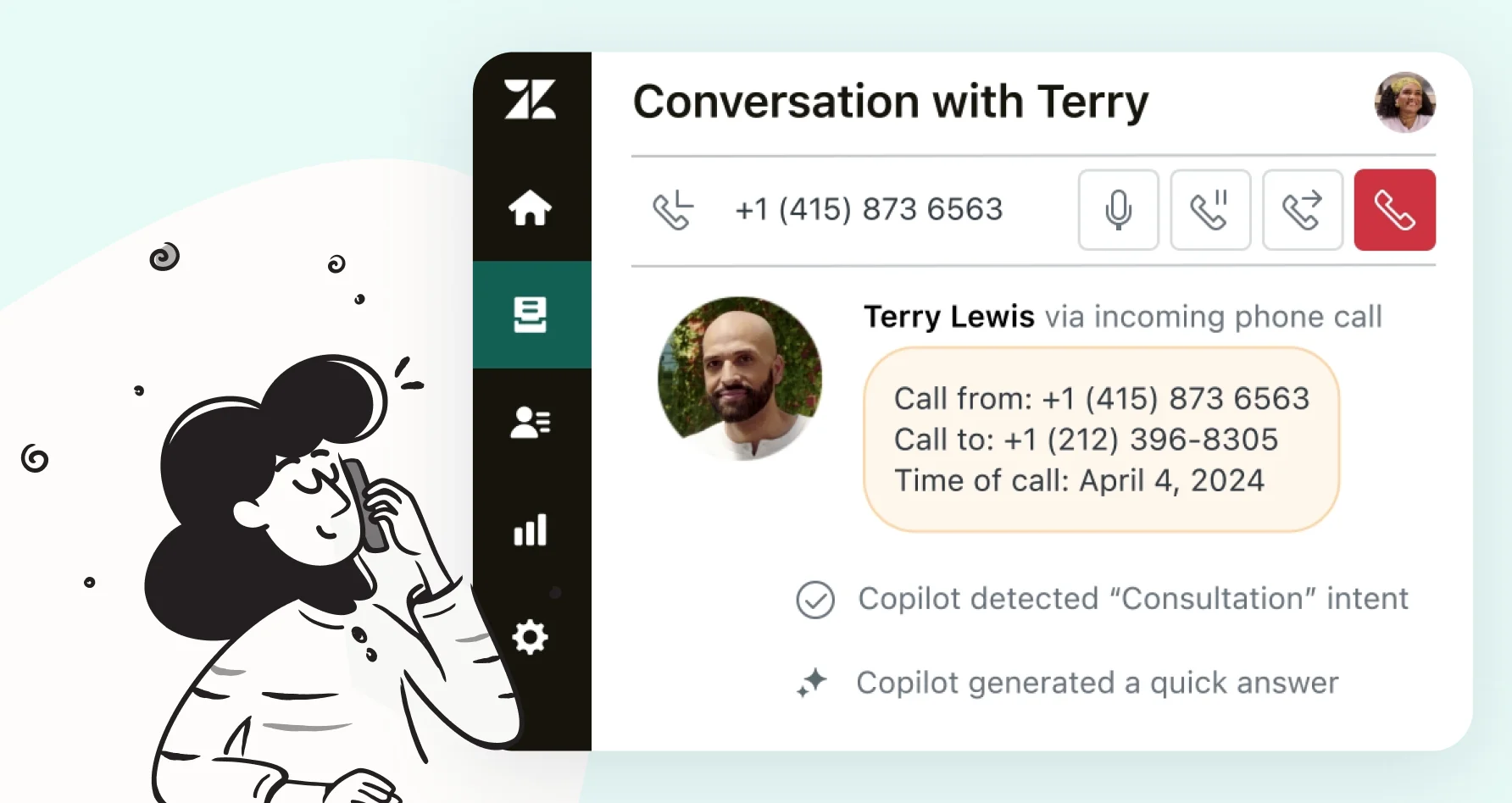 Zendesk-themed banner with a phone-call interface and an illustrated person
