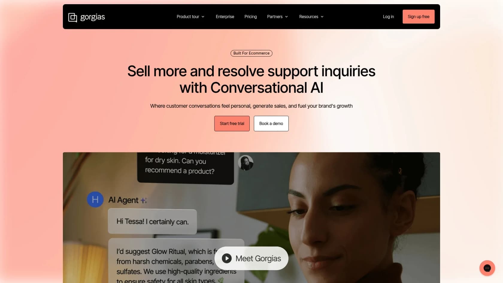 A screenshot of the Gorgias customer service landing page.