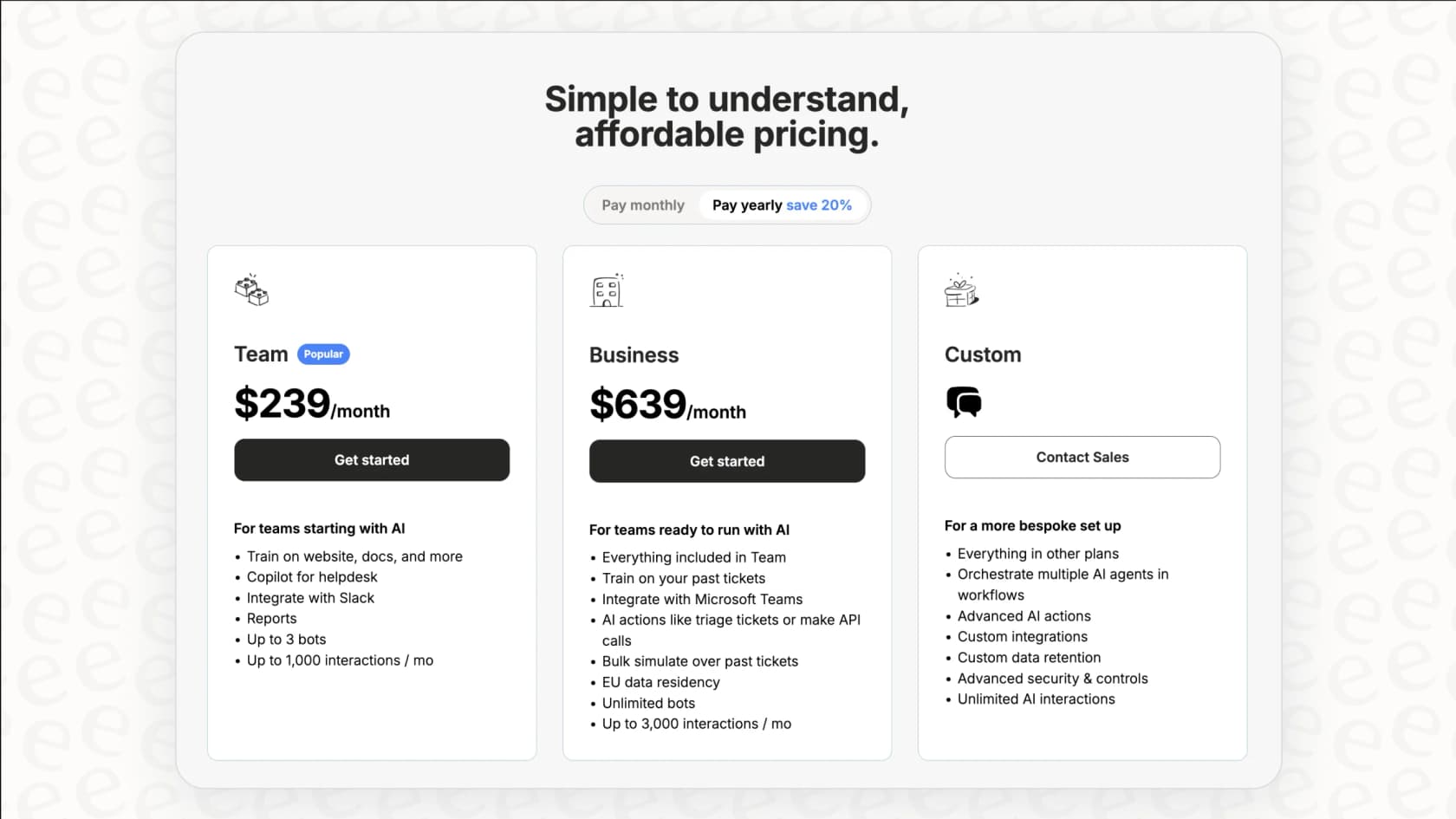 A screenshot of the eesel AI pricing page, highlighting its transparent pricing model