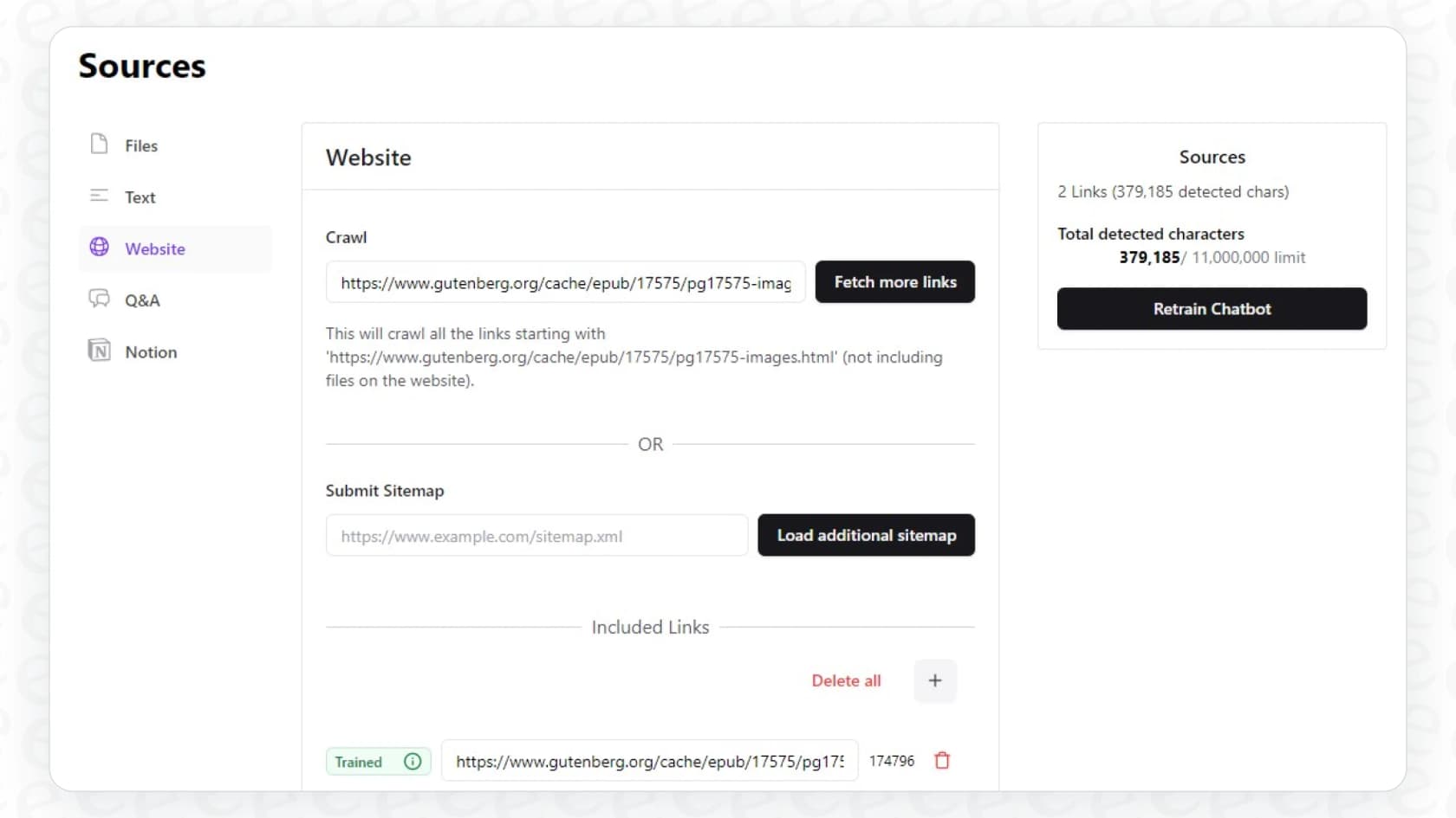 Training knowledge with web URL in Chatbase Sources.