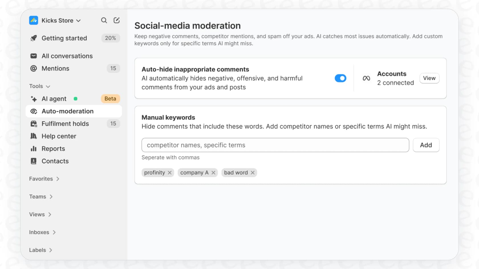 A screenshot of the Commslayer social media moderation settings to keep ads clean.