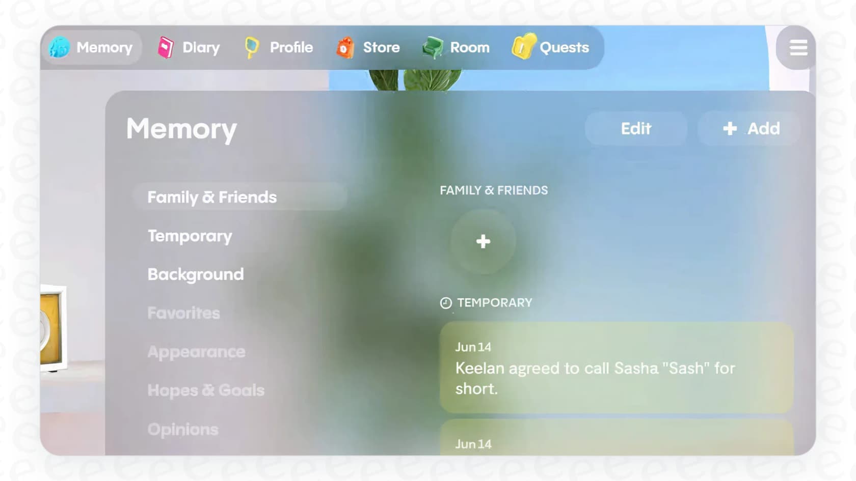 A view of the Memory bank in the Replika AI app, demonstrating how it stores personal details from conversations.