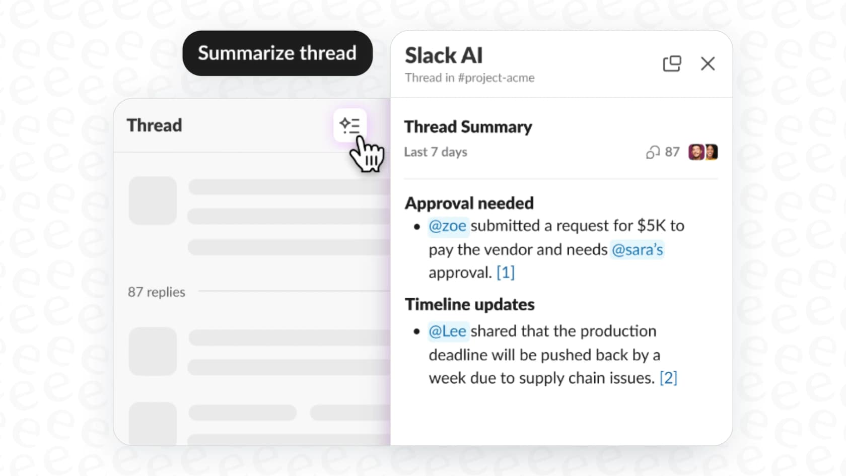 A screenshot showing how Slack AI thread summaries summarizes a conversation.