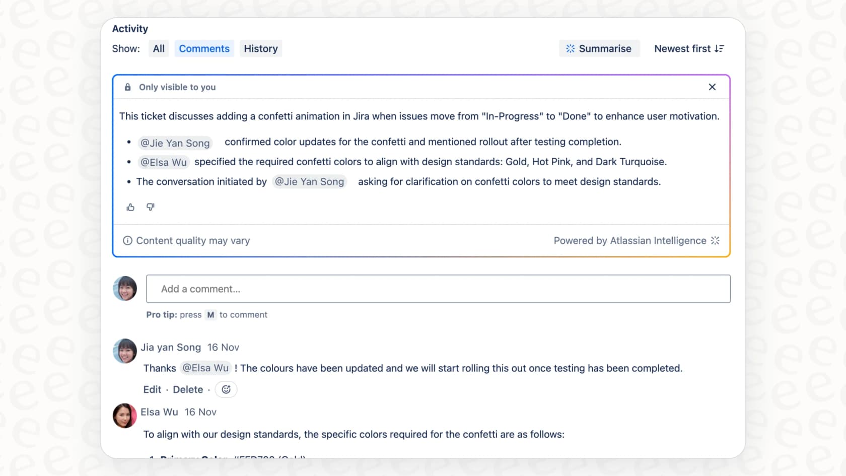 A screenshot demonstrating the location of the "Summarize" button for the Atlassian Intelligence Summarize Work Item Comments feature.