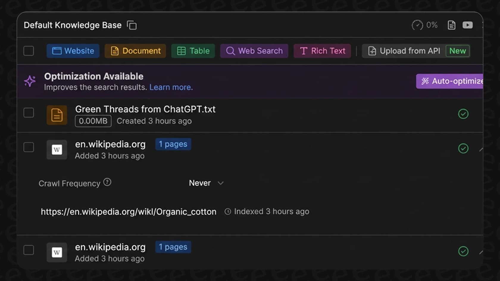 Screenshot of the Botpress Default Knowledge Base.