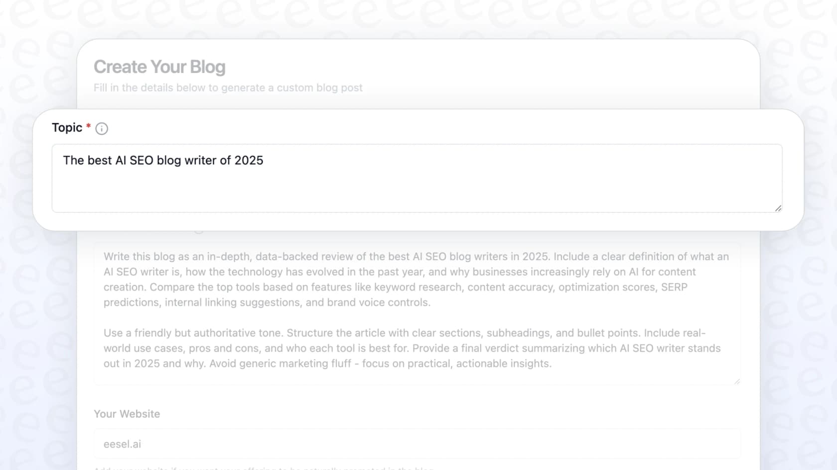 Die Benutzeroberfläche des eesel AI Blog-Writers, eine Plattform für Semrush SEO-Writing, die die Erstellung von Inhalten aus einem einzigen Keyword automatisiert.