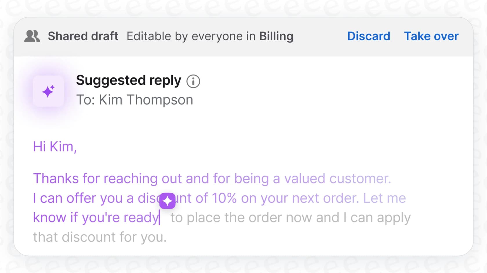 A view of the AI-powered suggested replies feature in the Front AI Copilot, helping agents respond faster.