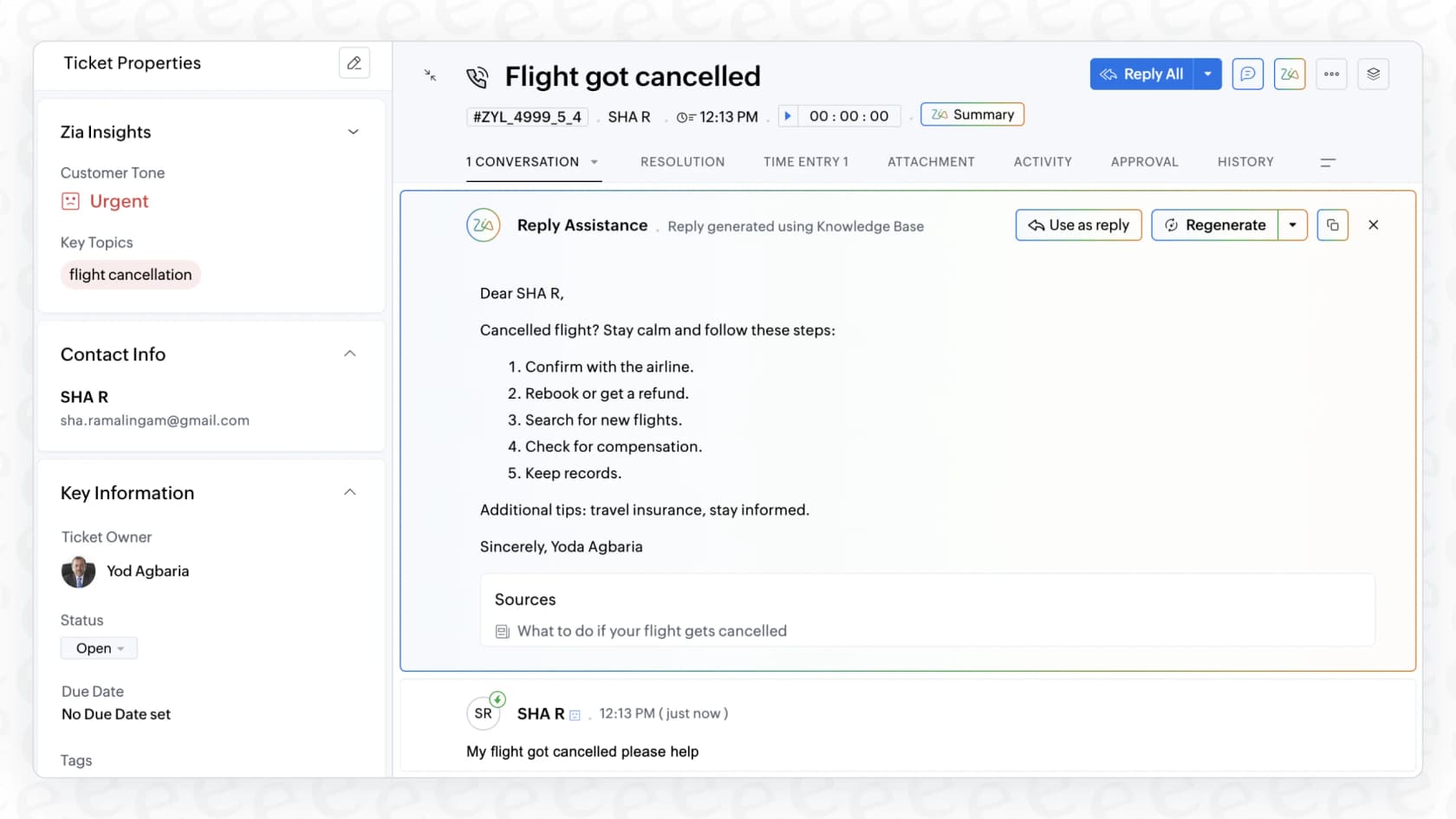 A screenshot showing the Zoho Desk Zia Reply Generator
