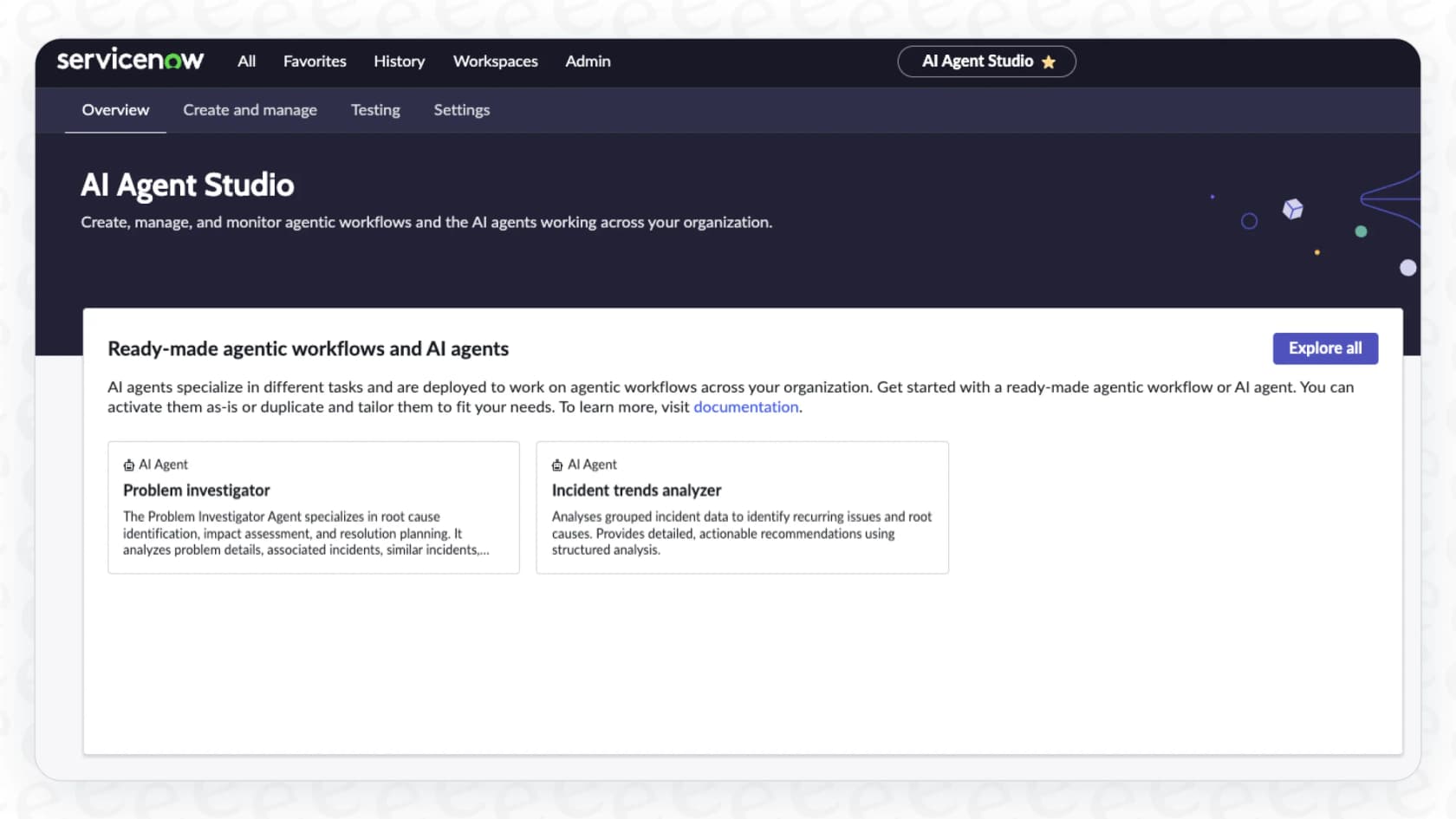 ServiceNow AI Agent Studio dashboard