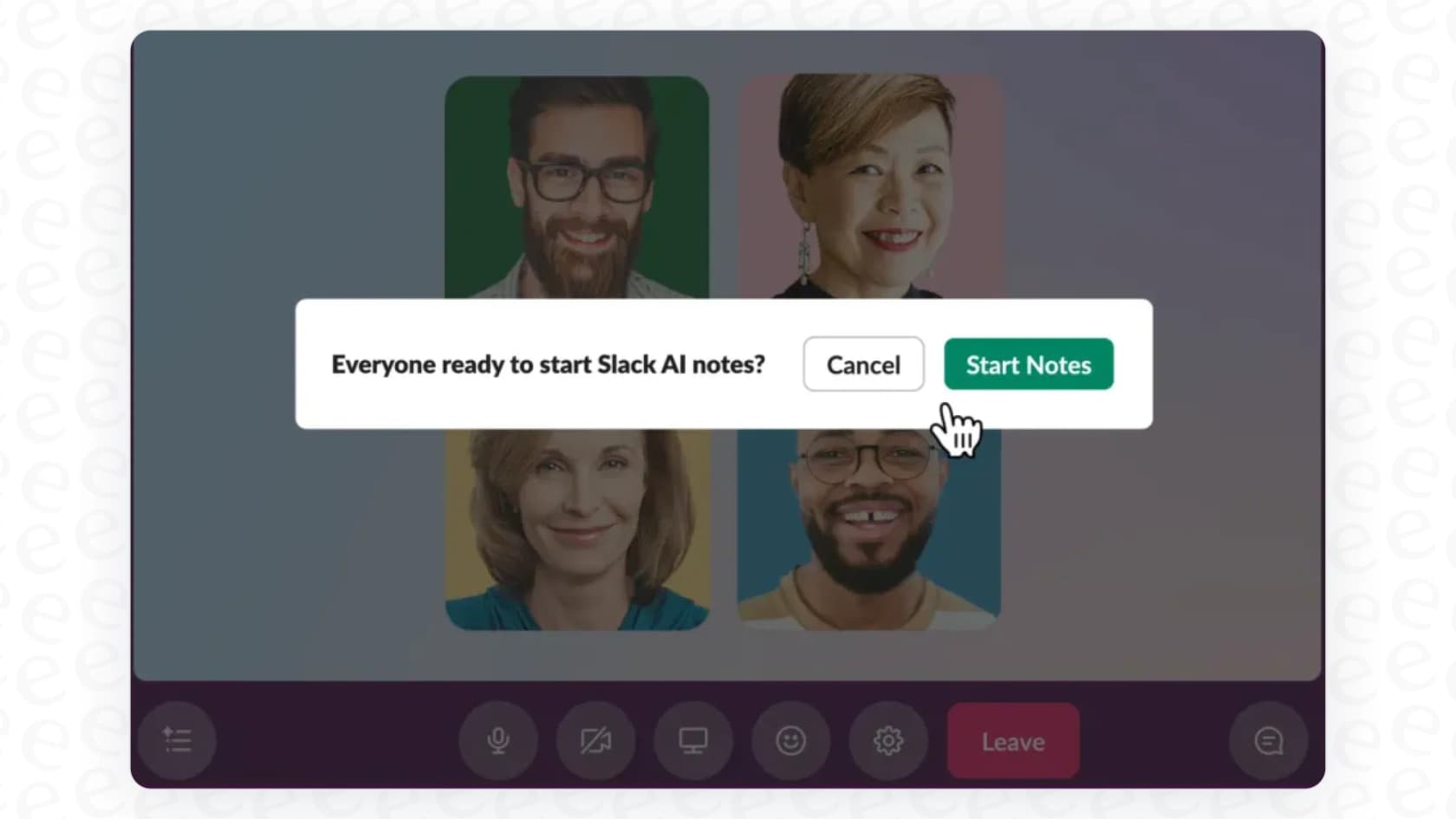 A view of the Slack user interface showing where to click to enable Slack AI huddle notes and action items during a call.