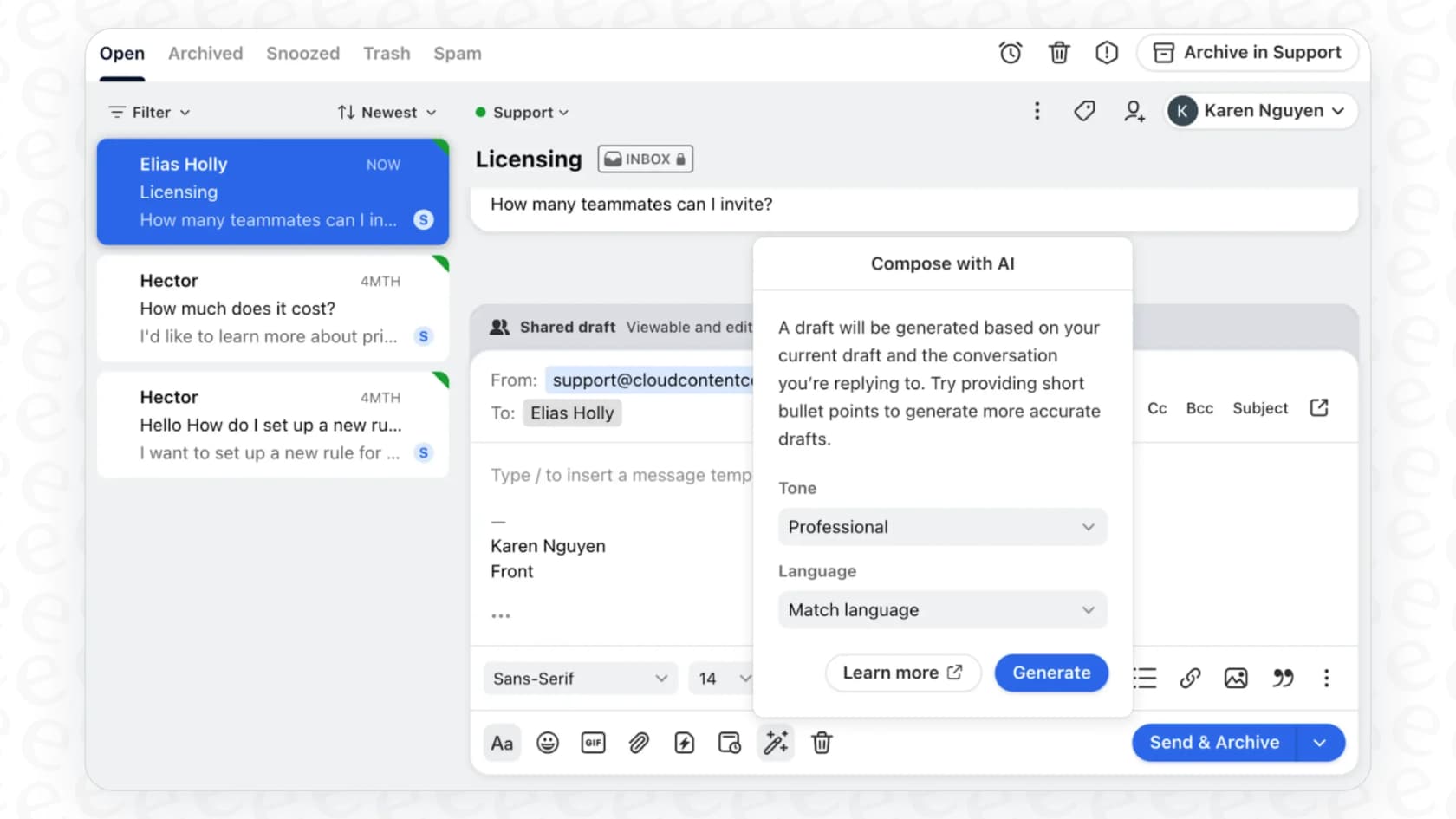 A screenshot showing the Front AI Compose Email feature being used to draft a response.