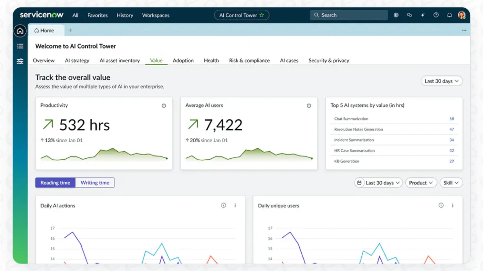 ServiceNow AI Control Tower dashboard with charts and AI metrics