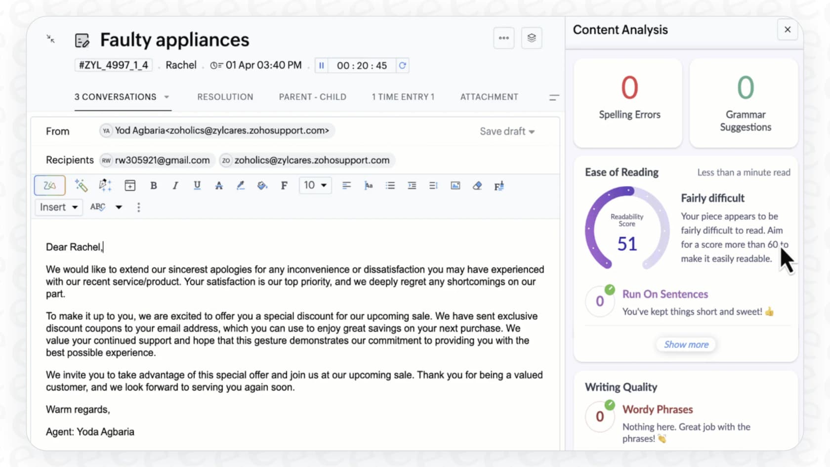 A view of the Zoho Desk Zia Content Analyzer suggesting writing improvements to a support agent.