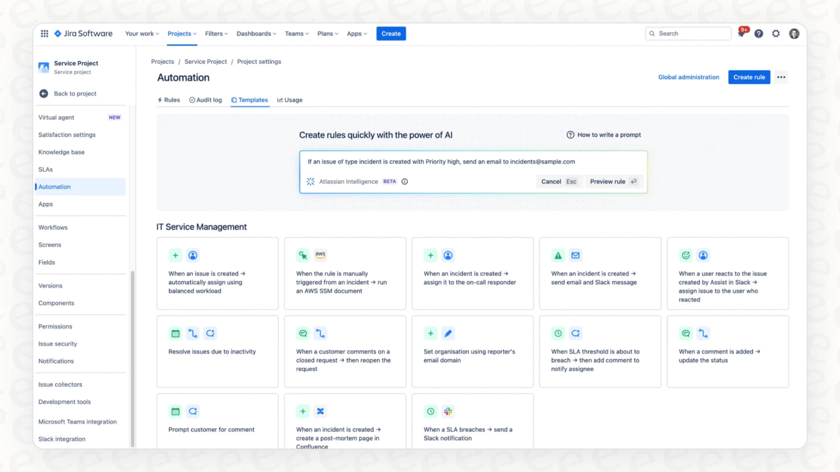 A user demonstrates how Atlassian Intelligence AI automation rules can be created by typing a simple sentence into the interface.