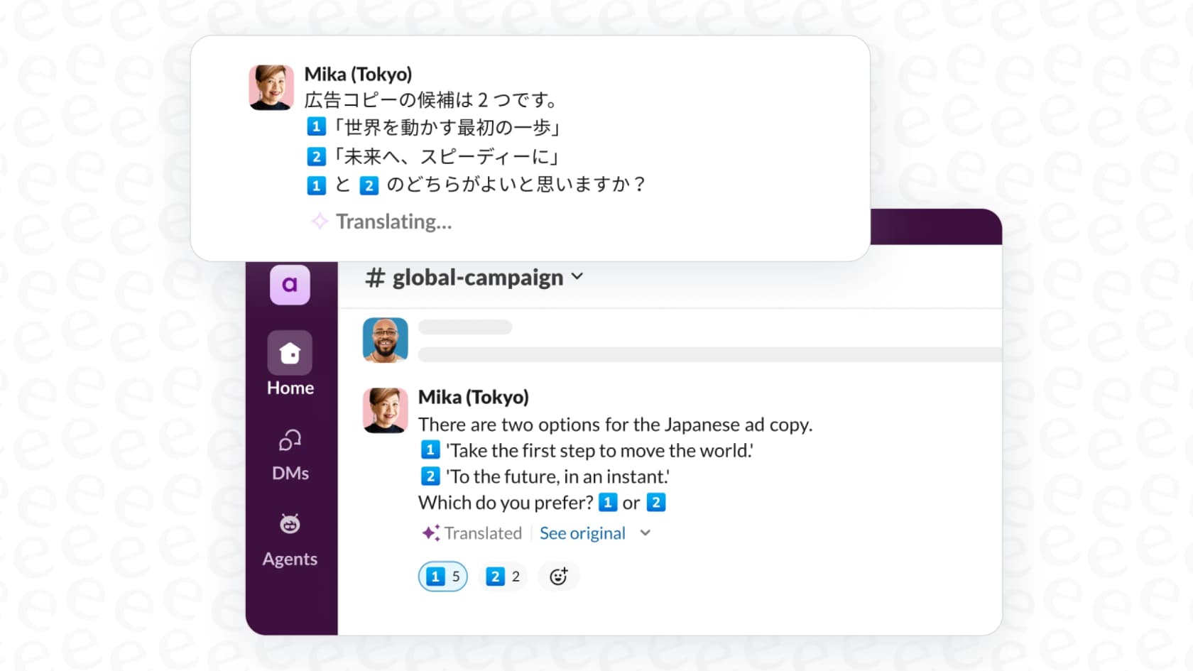 A screenshot showing the seamless process of using Slack AI translations in Slack on a message.