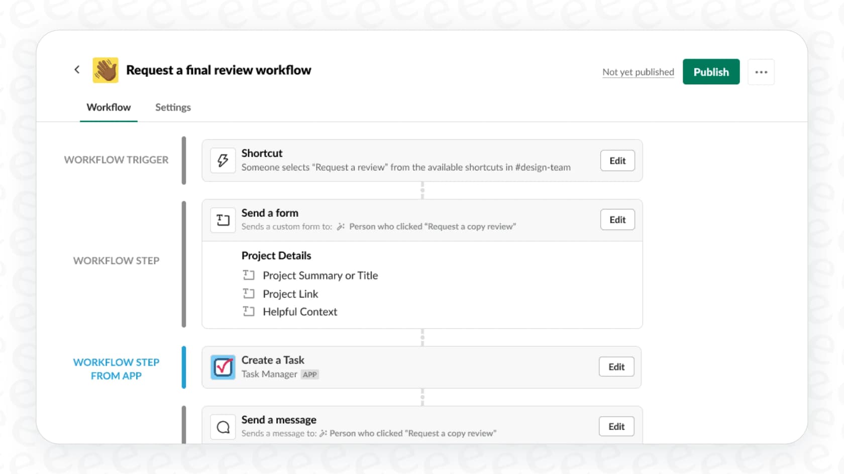 An illustration of the various steps and triggers available in the Slack AI Workflow Builder.