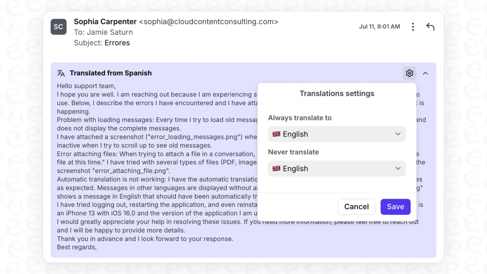 A demonstration of the translation capabilities in Front AI Compose Email.