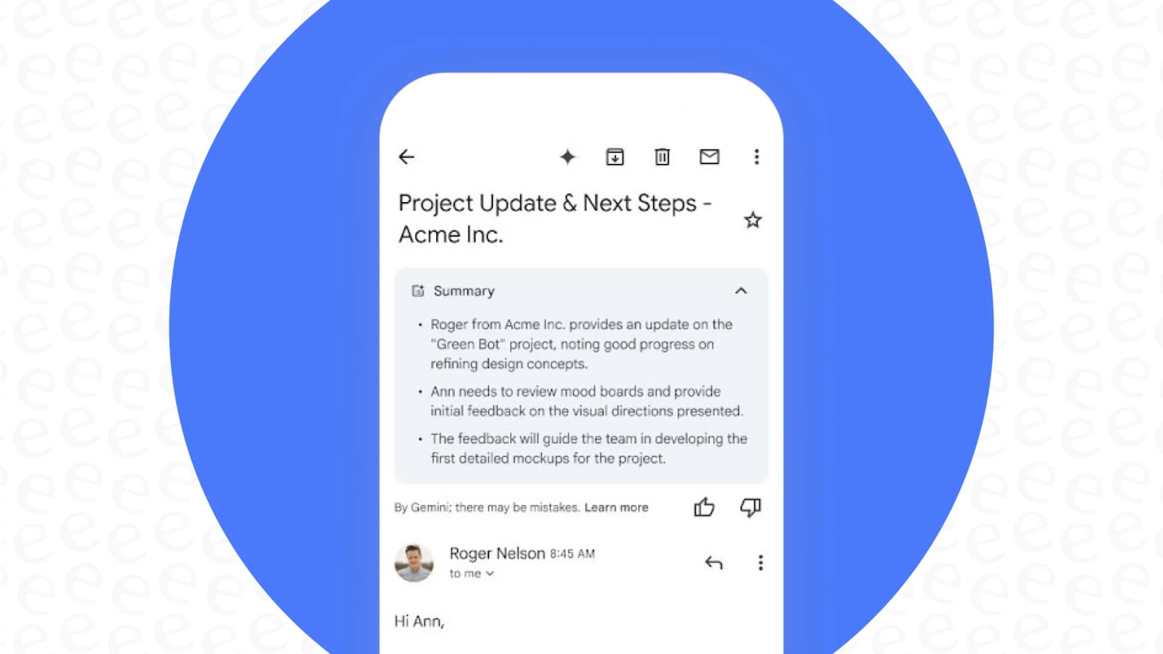 Email summarization feature in Gmail AI on Mobile and Web, powered by Gemini, condenses long email threads.