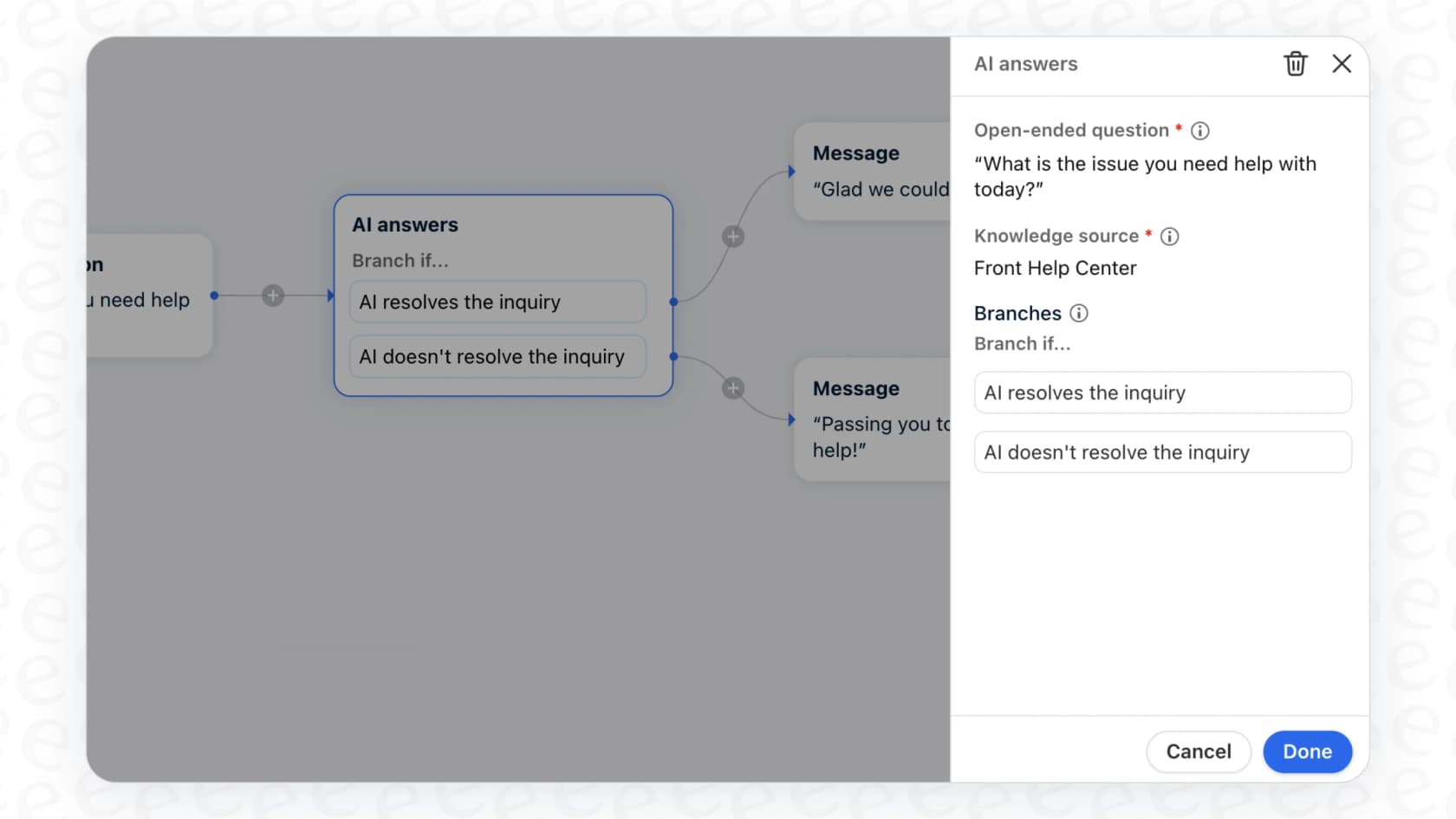 Front AI AI Answers in a workflow, showing branch-if logic for open-ended questions, as taken from Front