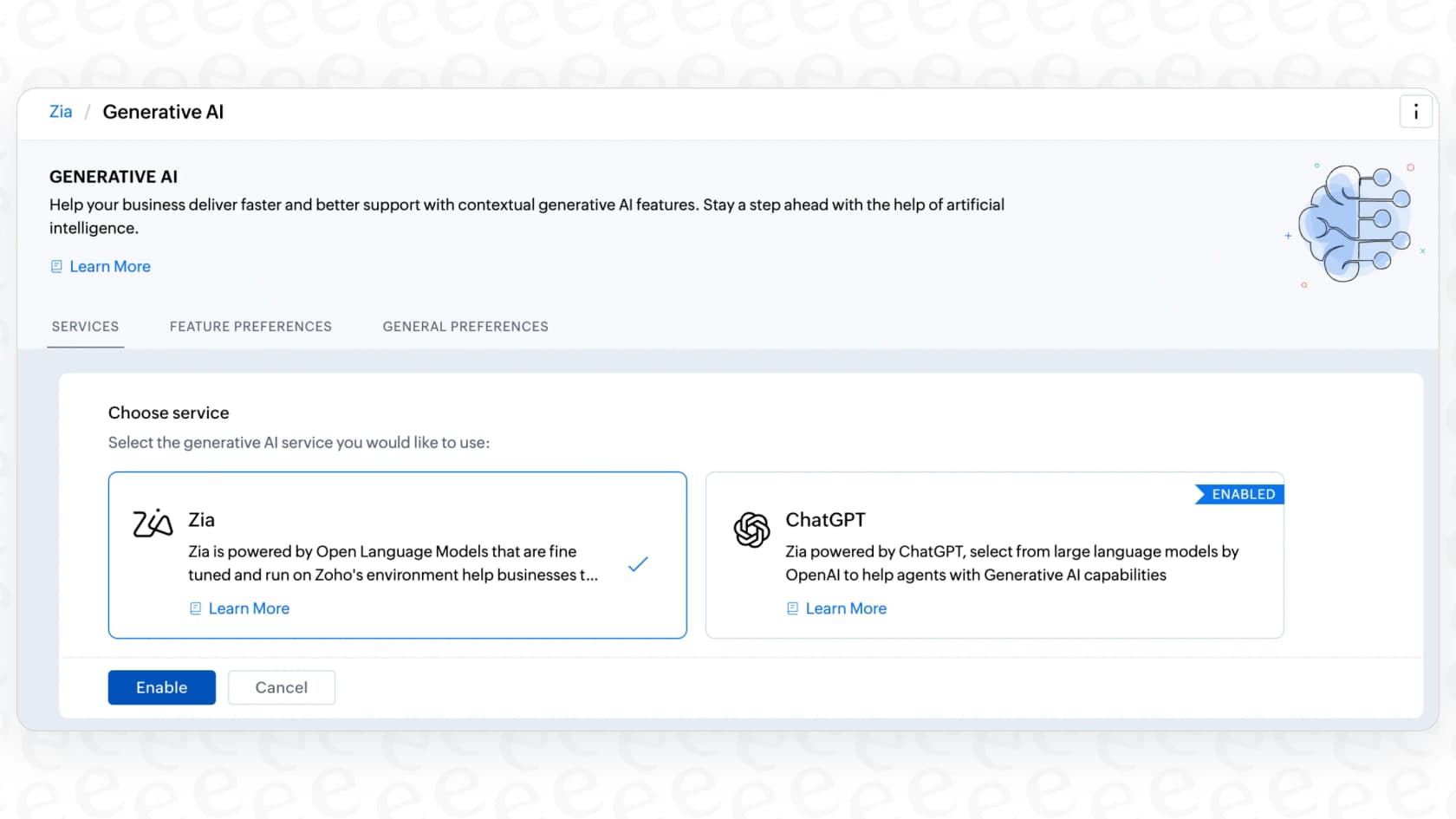 Zoho Desk Generative AI setup, allowing the user to choose Zia service or ChatGPT.