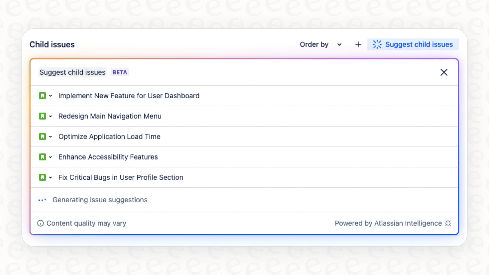 A view of the Atlassian Intelligence AI in Jira feature that automatically suggests breaking down a large task into smaller ones.