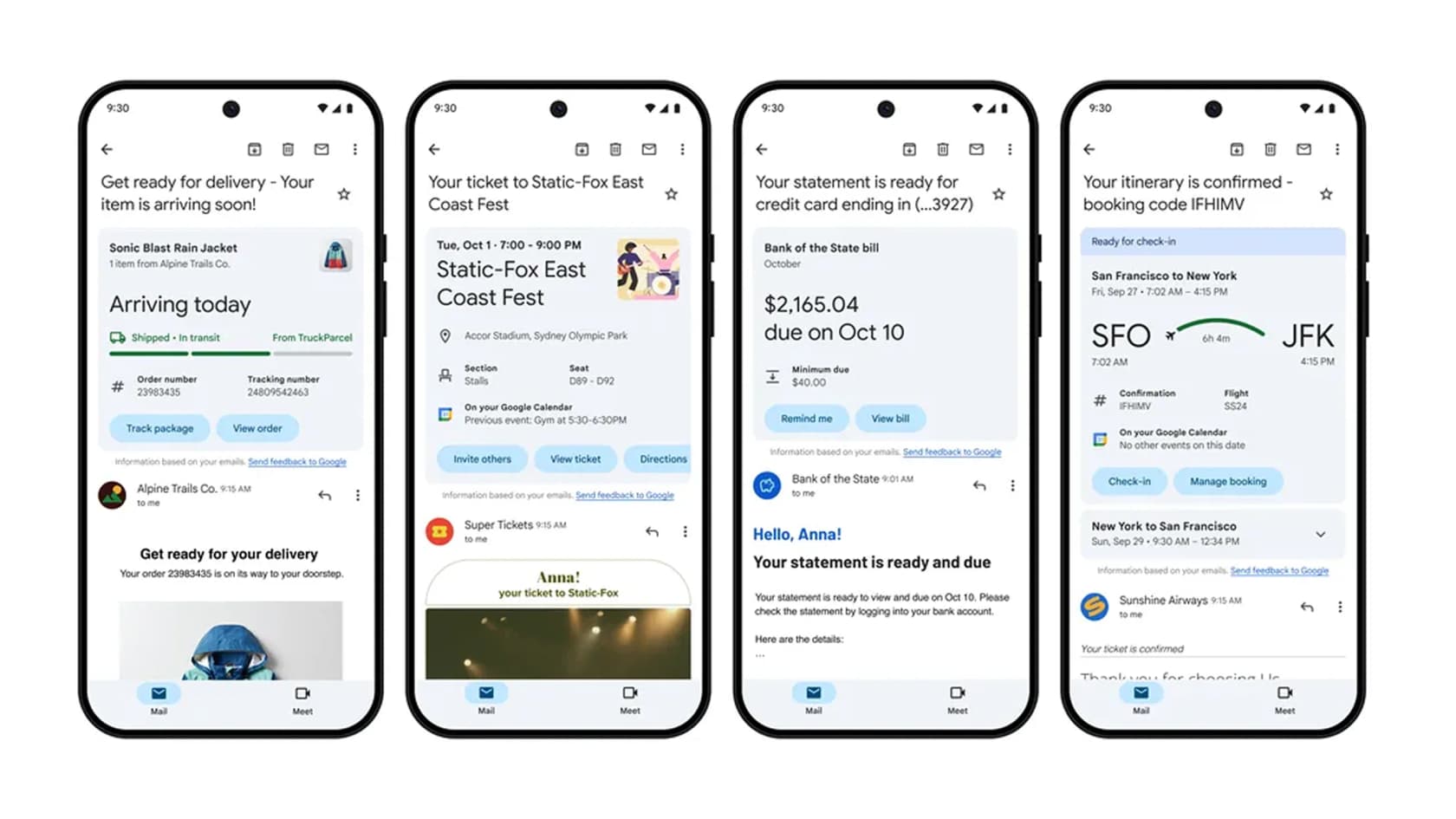 A screenshot showing various examples of Gmail Summary Cards for purchases, travel, and events to illustrate how they work.