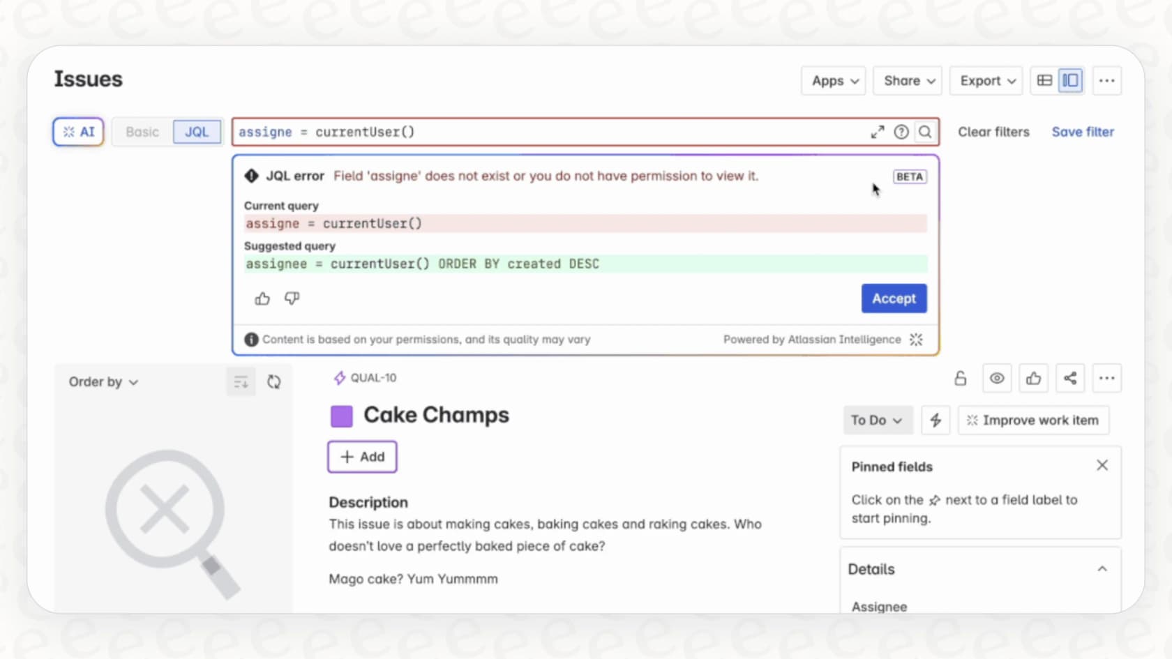 JQLのエラーをAtlassian Intelligenceに修正させるボタンを示すJiraのUI画面。