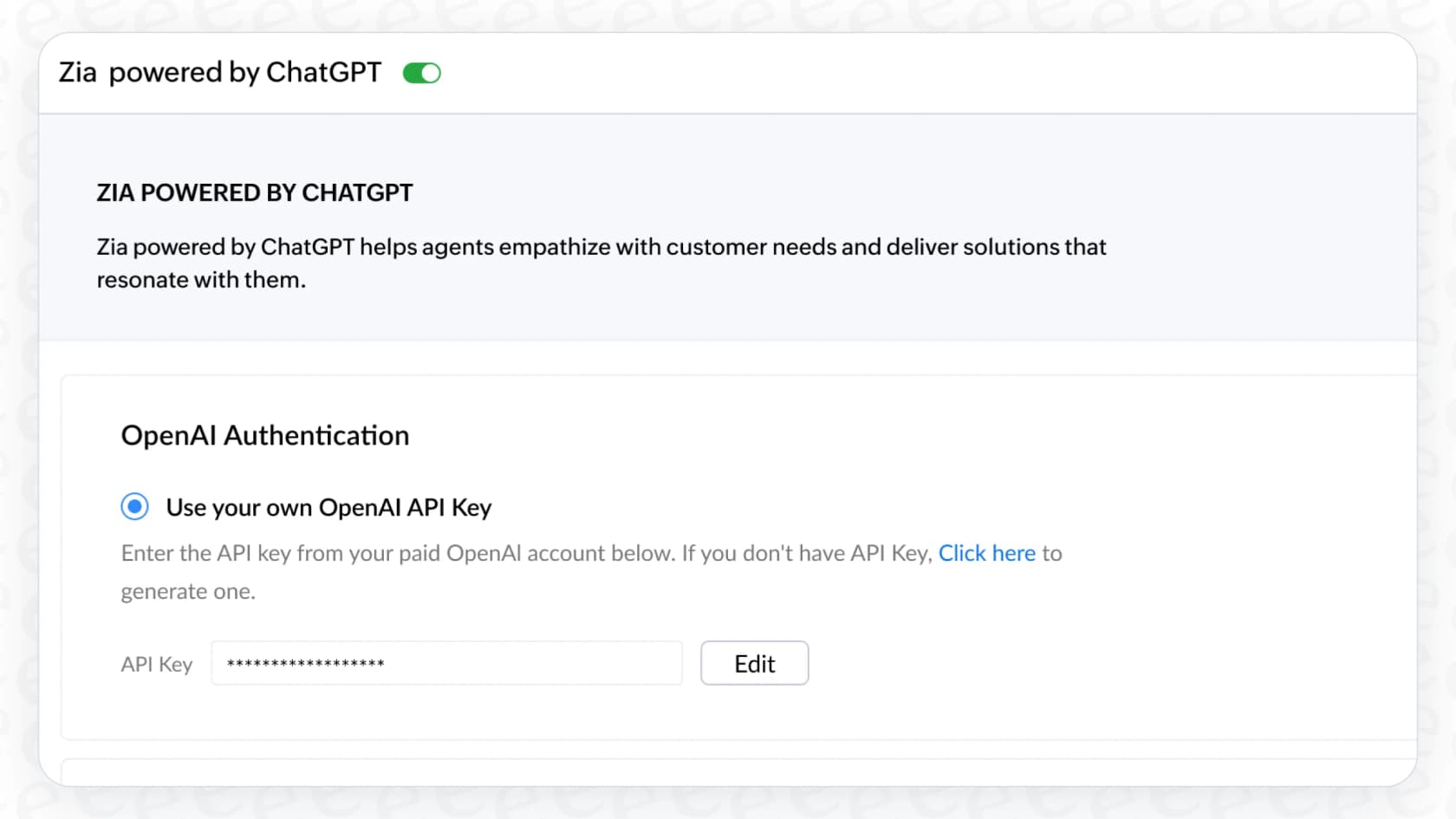 The setup challenge for the Zoho Desk Zia Summary, showing the integration steps for OpenAI.