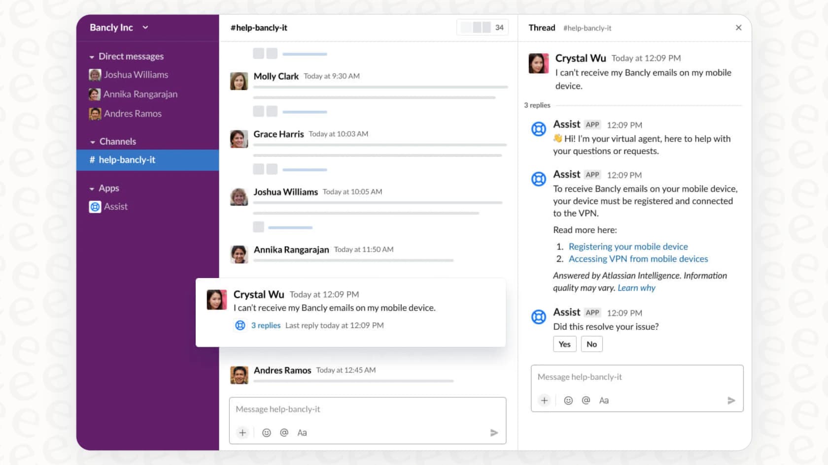 SlackでAtlassian Intelligenceのバーチャルエージェントに質問しているユーザーの様子。