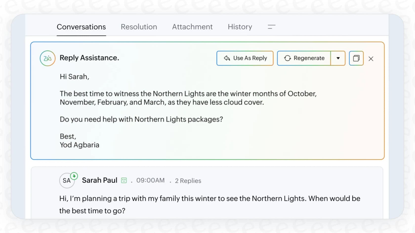 The Zoho Desk Zia Summary interface with Zia