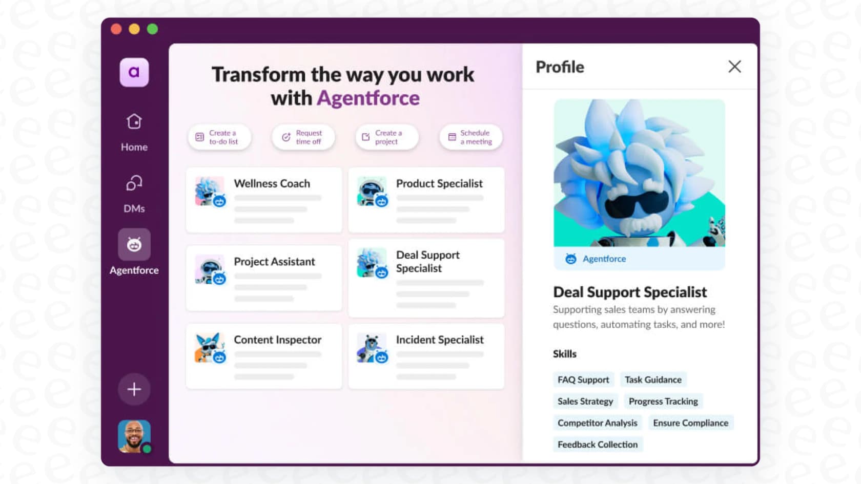 Screenshot of choosing an AI agent from Agentforce in Slack.