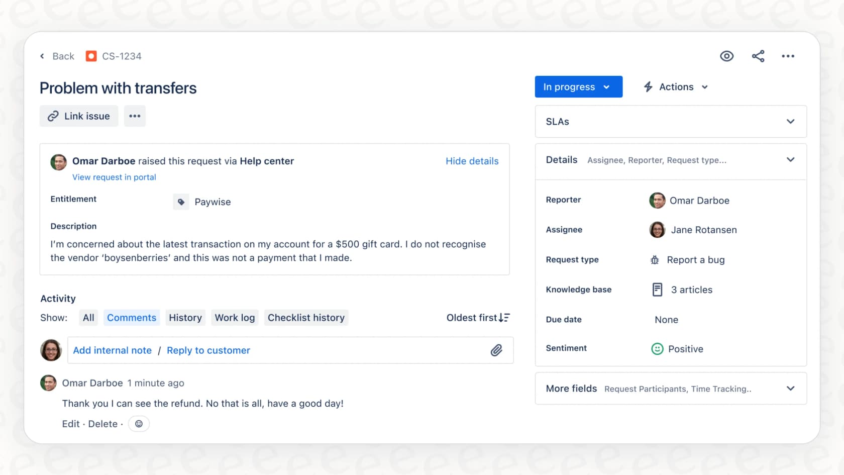 An example of the customer sentiment feature within Atlassian Intelligence Triage Issues, showing emojis in the JSM queue.