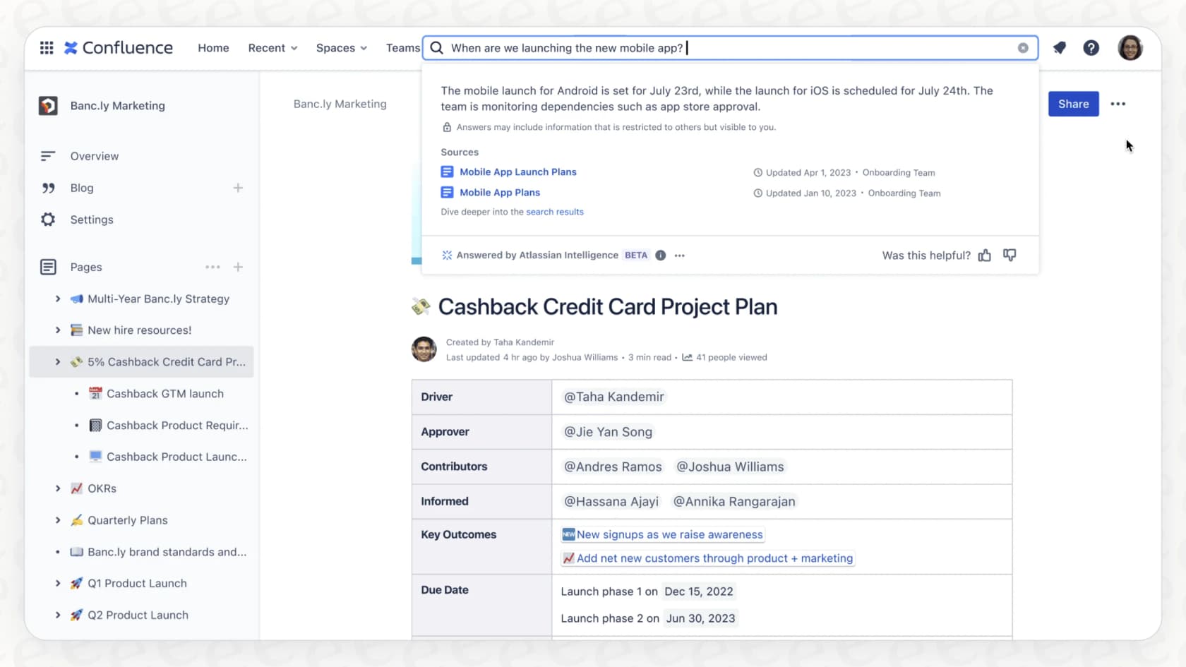 Atlassian IntelligenceのQ&A検索の自然言語処理能力を示すスクリーンショット。