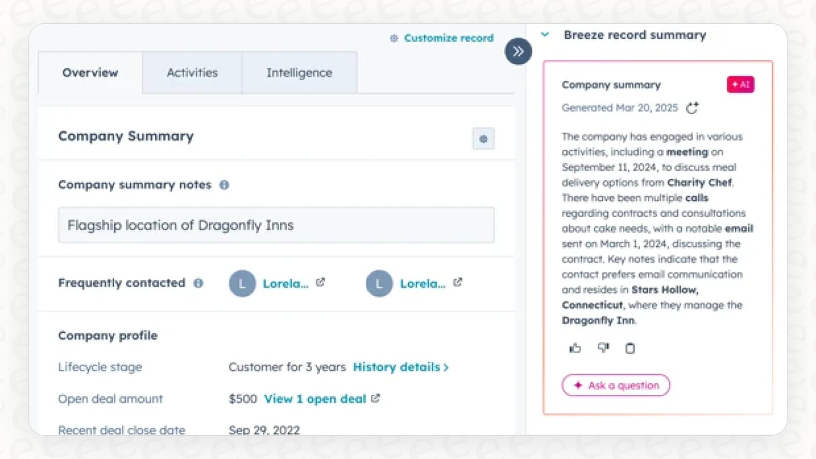 Screenshot of summarizing records in HubSpot Breeze.