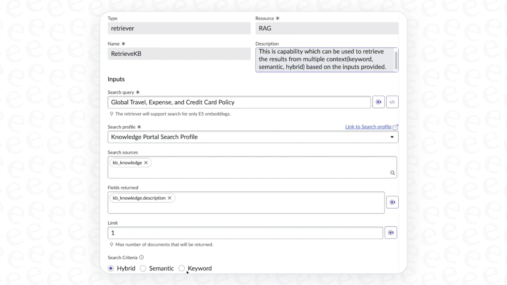 ServiceNow retrieval-tool form with search-profile and result settings
