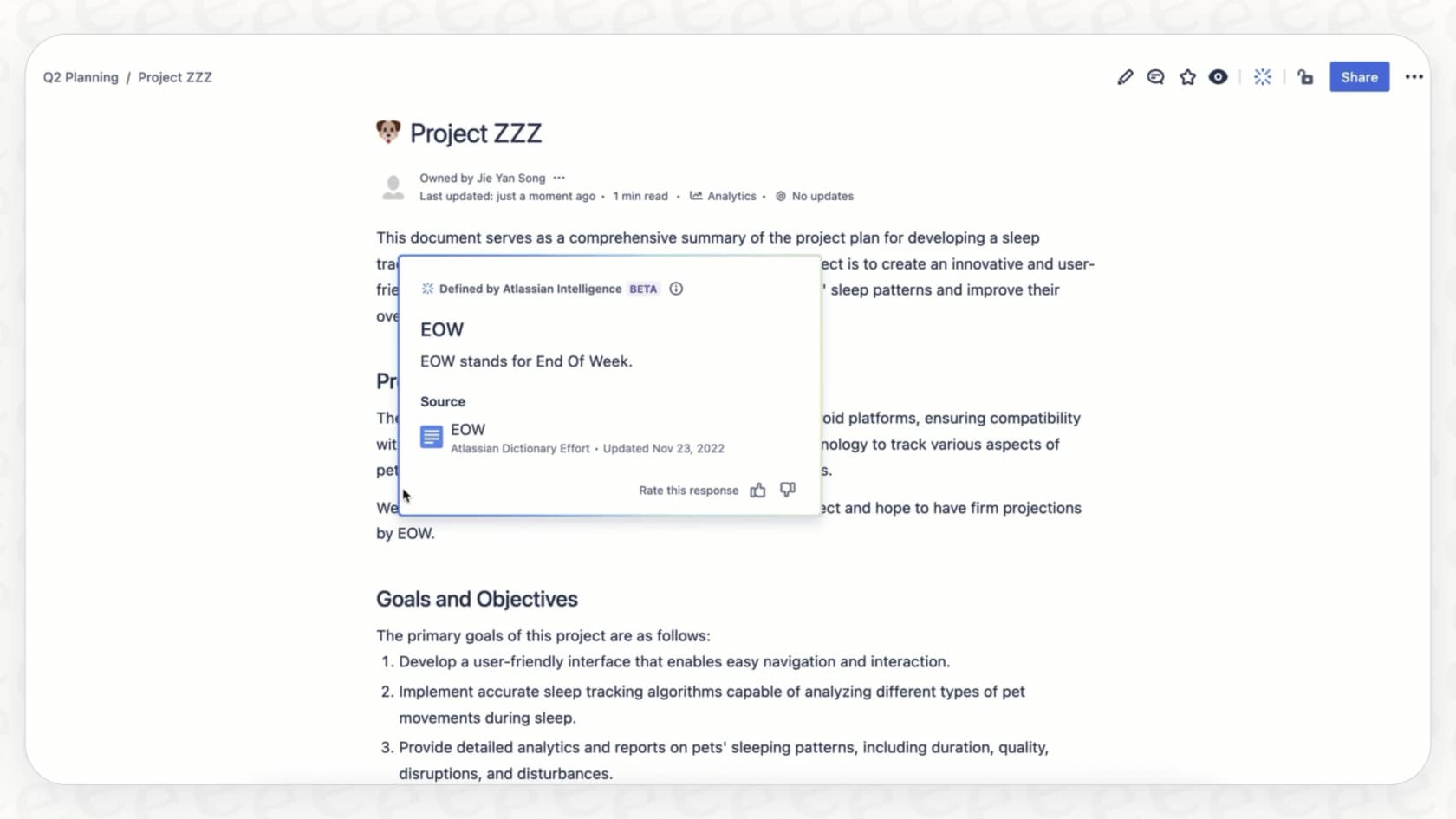 Ein Benutzer markiert das Akronym „EOW“ auf einer Confluence-Seite, wodurch das Pop-up „Atlassian Intelligence Begriffe definieren“ ausgelöst wird.