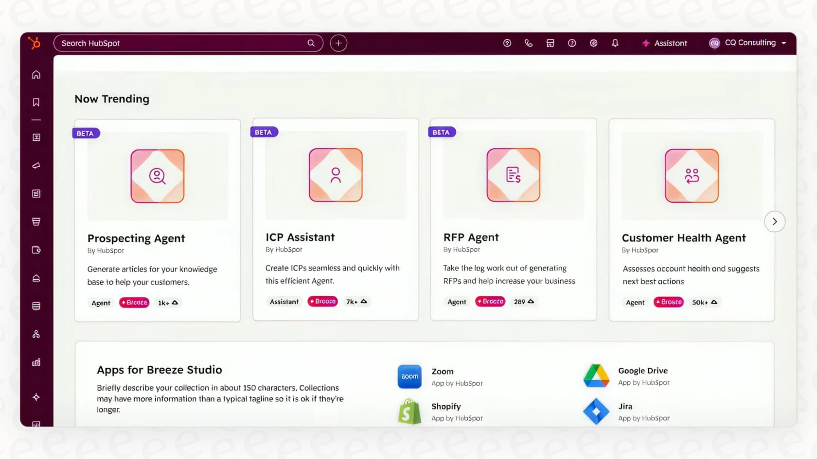A screenshot of the Agent Builder (formerly Breeze Studio), illustrating the customization capabilities of Breeze Agent Tools for users within the HubSpot ecosystem.