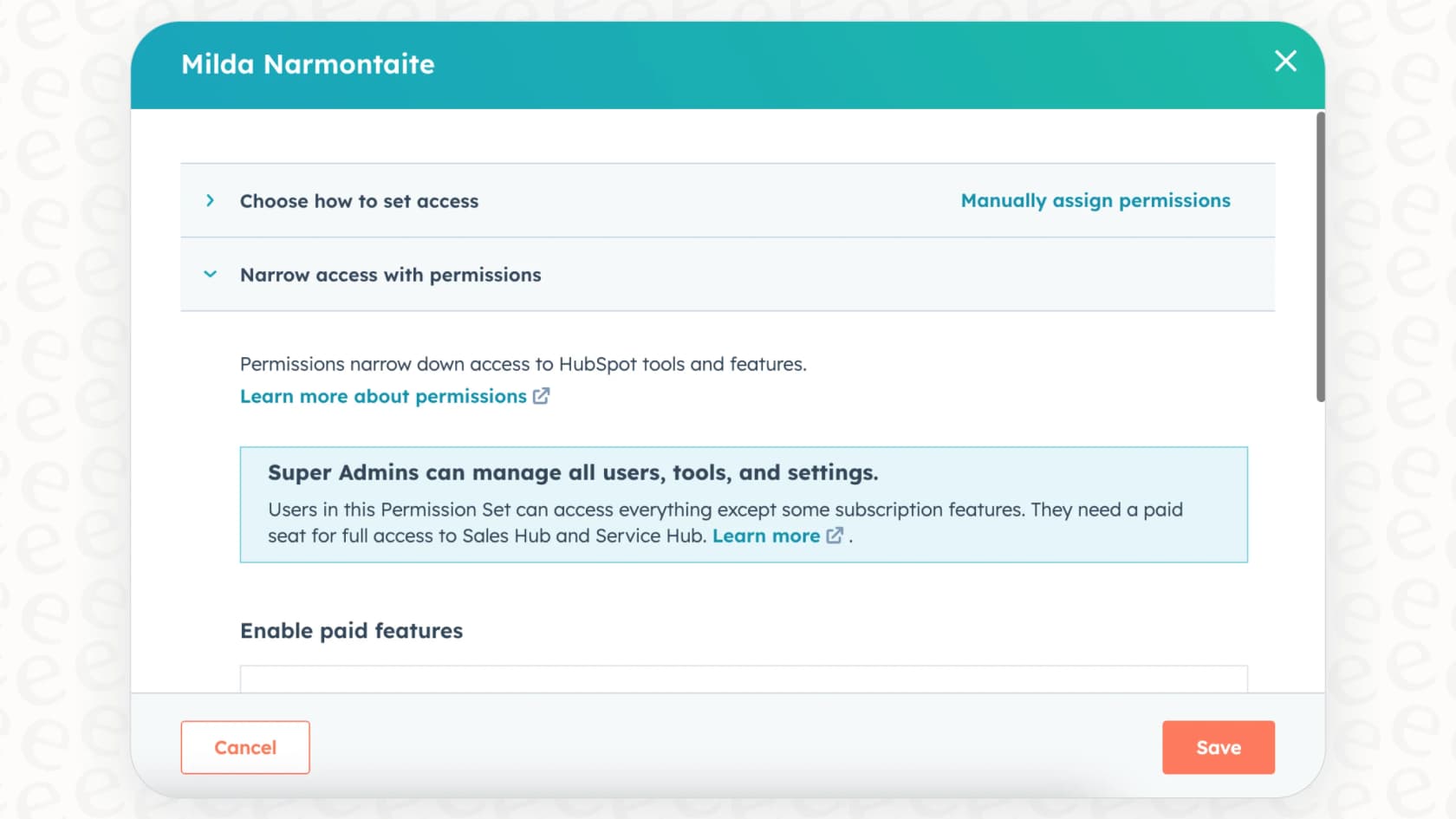 Screenshot of Super Admin settings in HubSpot.