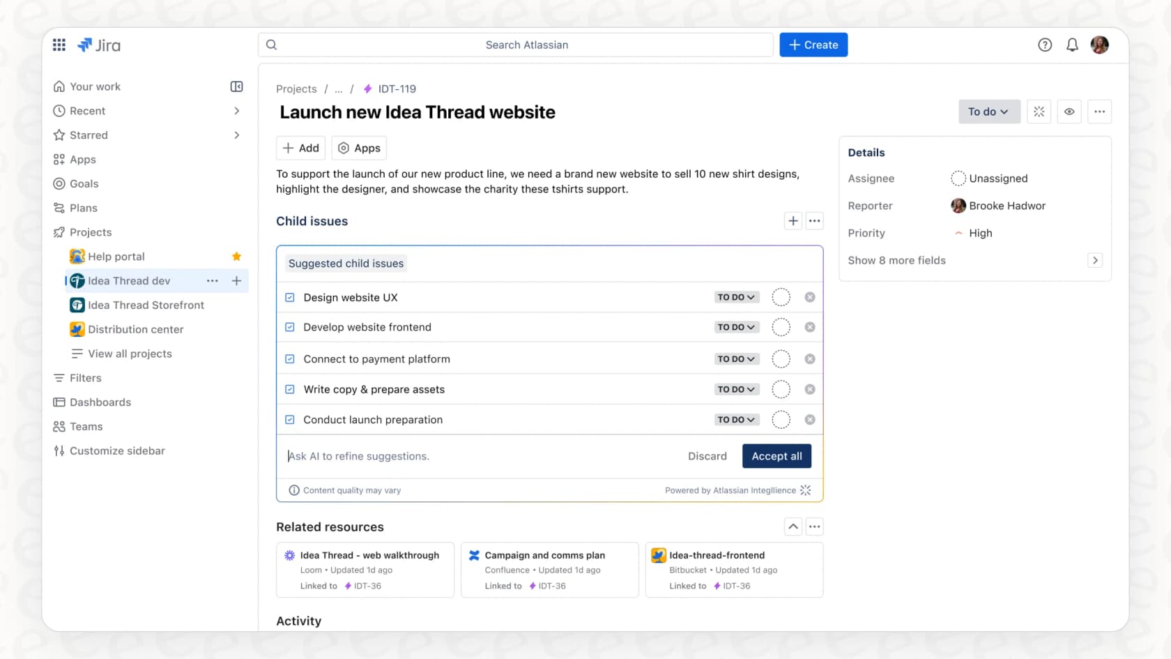ユーザーがAtlassian Intelligenceの「子作業アイテムの提案」機能に追加の指示を与えて、生成されたタスクを洗練させている様子。