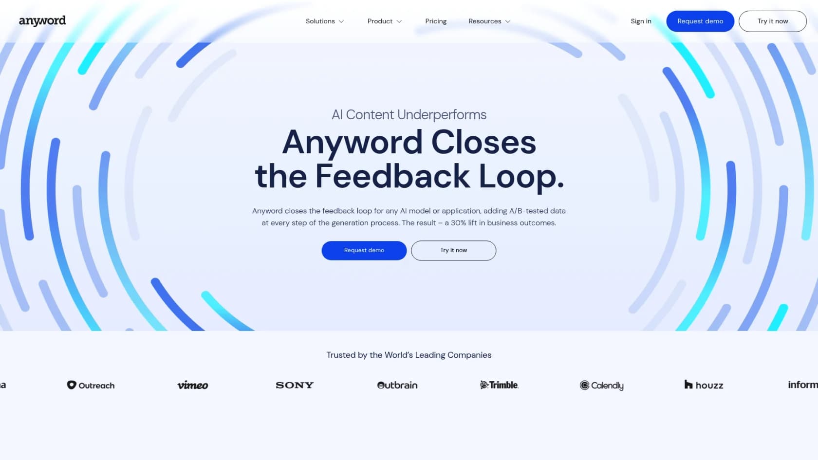 A screenshot of the Anyword AI Blog Writer landing page, a popular content AI blog post wizard tool.